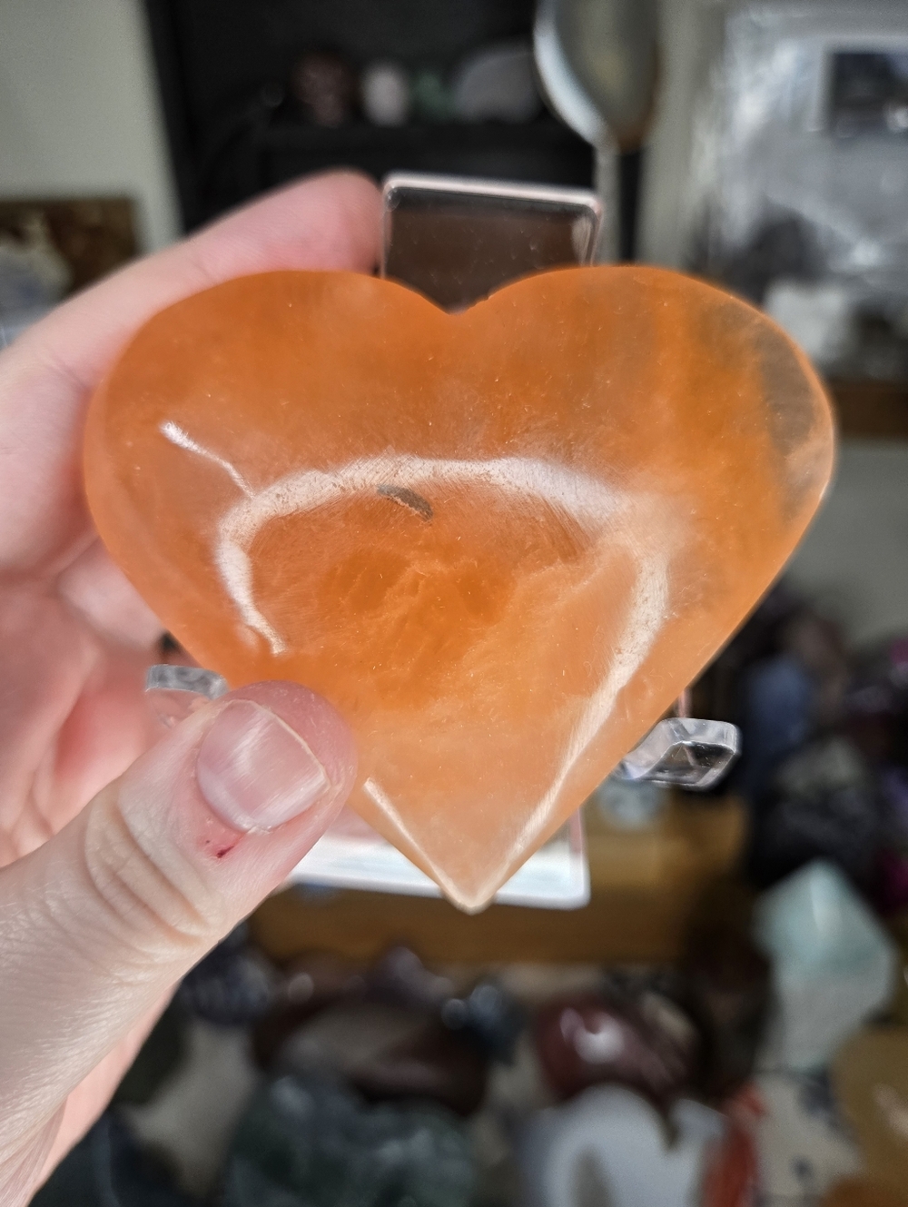 Natural Peach Orange Selenite Heart Crystal Carving W/ Stand